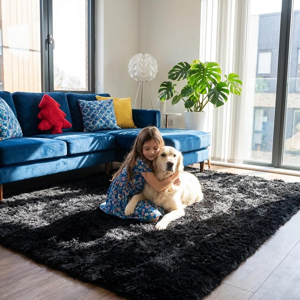 Mugorn 8x10 Area Rugs for Living Room, Large Fluffy Black Rugs for Bedroom, Soft Carpet Shag Kids Room Rug, Non-Slip Fuzzy Rugs Indoor (8ft x 10ft, Black)