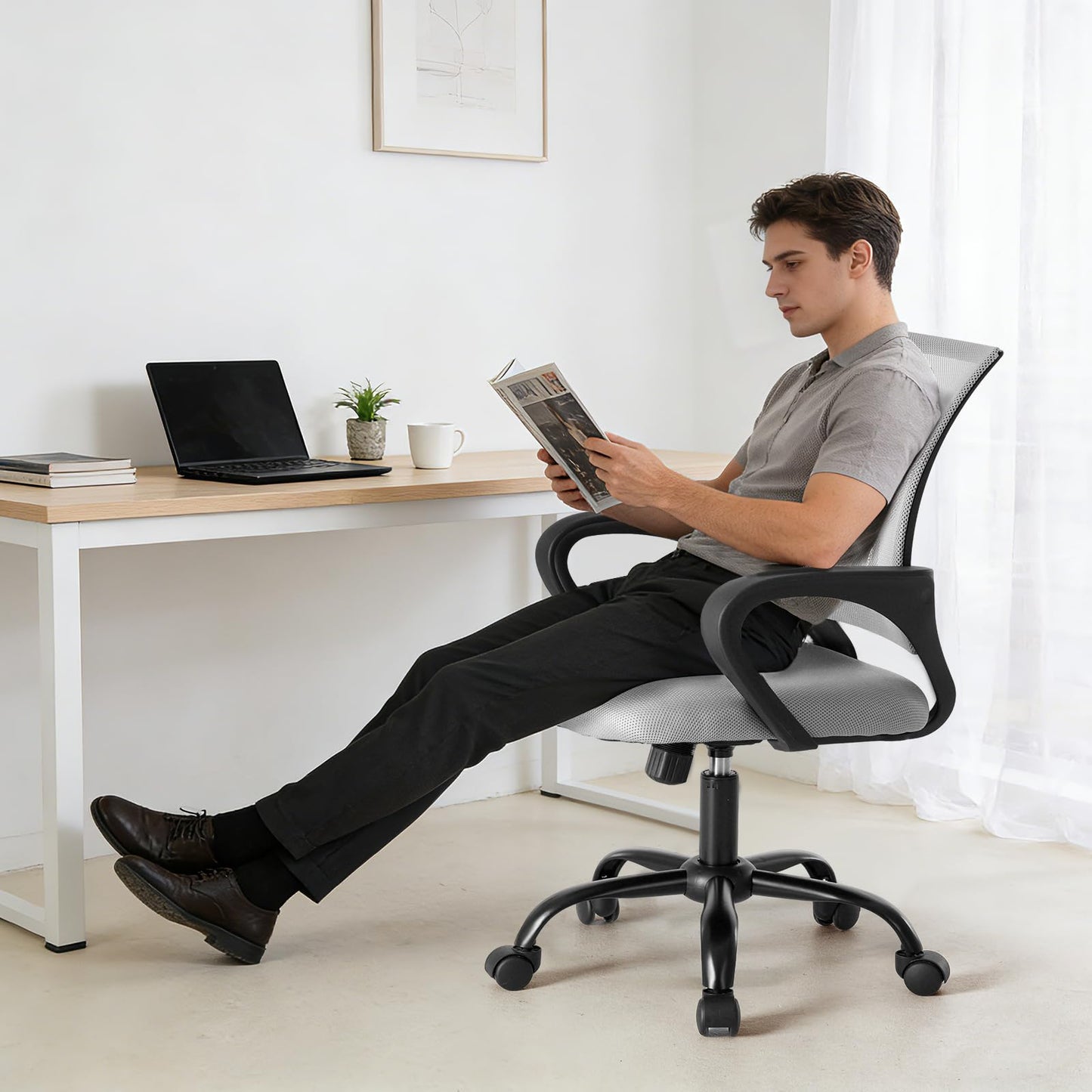 OLIXIS Office Desk Chair - Ergonomic Mid Back with Lumbar Support & Rocking Mode, Height Adjustable with Fixed Armrest, Storage Back for Computer, Gaming, Conference, Meeting Room, 360° Swivel, Grey