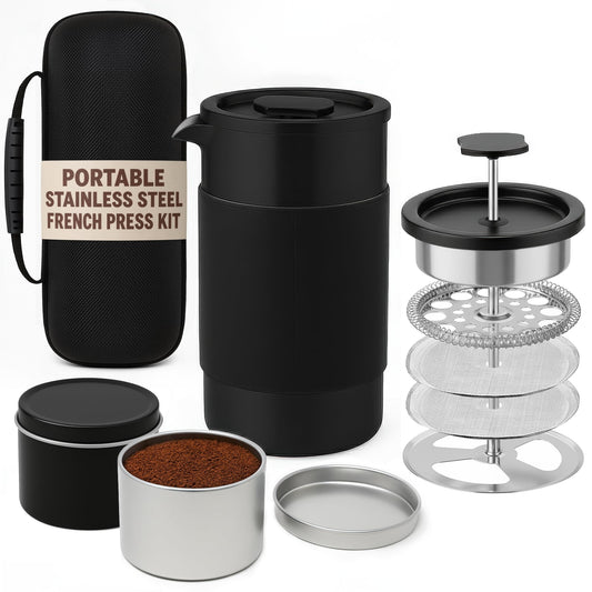Travel French Press Coffee Maker Set - 12 oz | Portable Travel French Press Coffee Maker | Double Wall Insulated with Dual Stainless Filters & 2 Steel Canisters for Grounds, Tea, Creamer & Sugar