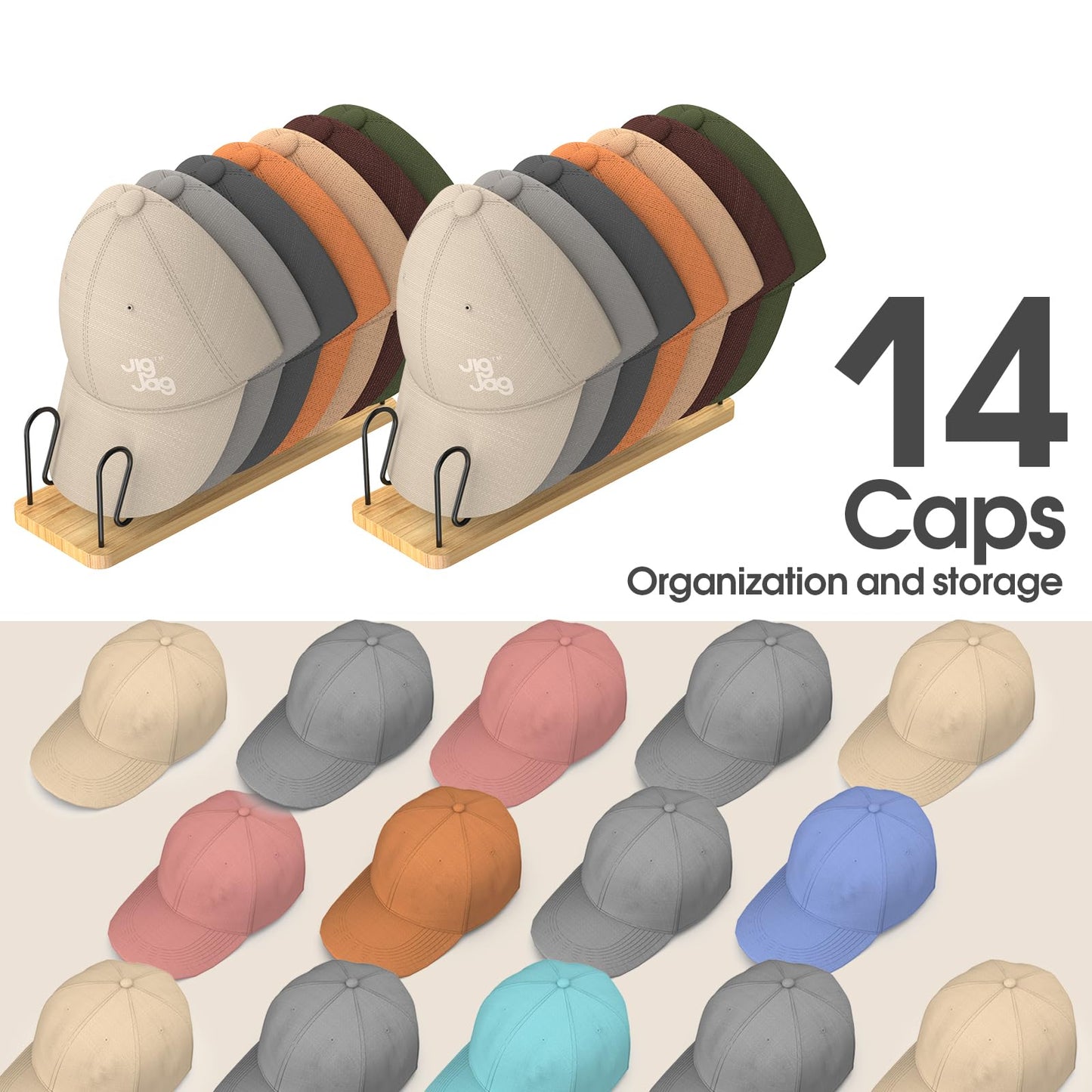 JigJag Hat Organizer for Baseball Caps 2 Pack, Premium Wood and Metal Design Hat Storage for 14 Baseball Caps, Tabletop Hat Racks for Closet, Dresser, Entrance (2PCS)