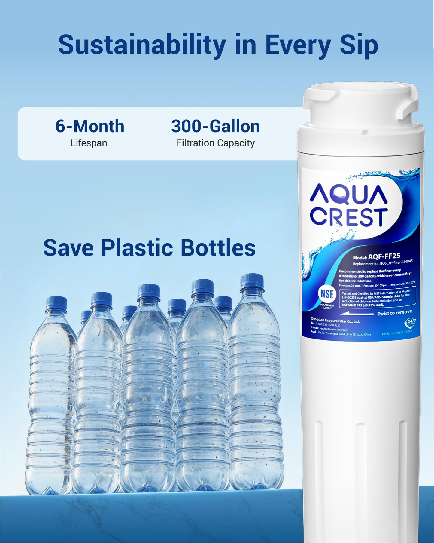 AQUA CREST 9000 077104 Refrigerator Water Filter Replacement for UltraClarity REPLFLTR10, Bosch Ultra Clarity 644845, 3 Filters