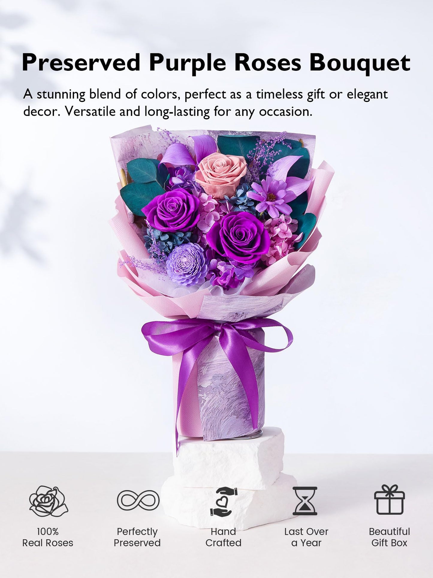 Eterfield Flowers for Delivery Prime, Mother's Day Forever Flowers Bouquet, Preserved Roses and Purple Flowers Birthday Gifts for Her Women Wife Mom Grandma Anniversary Valentines Day Christmas