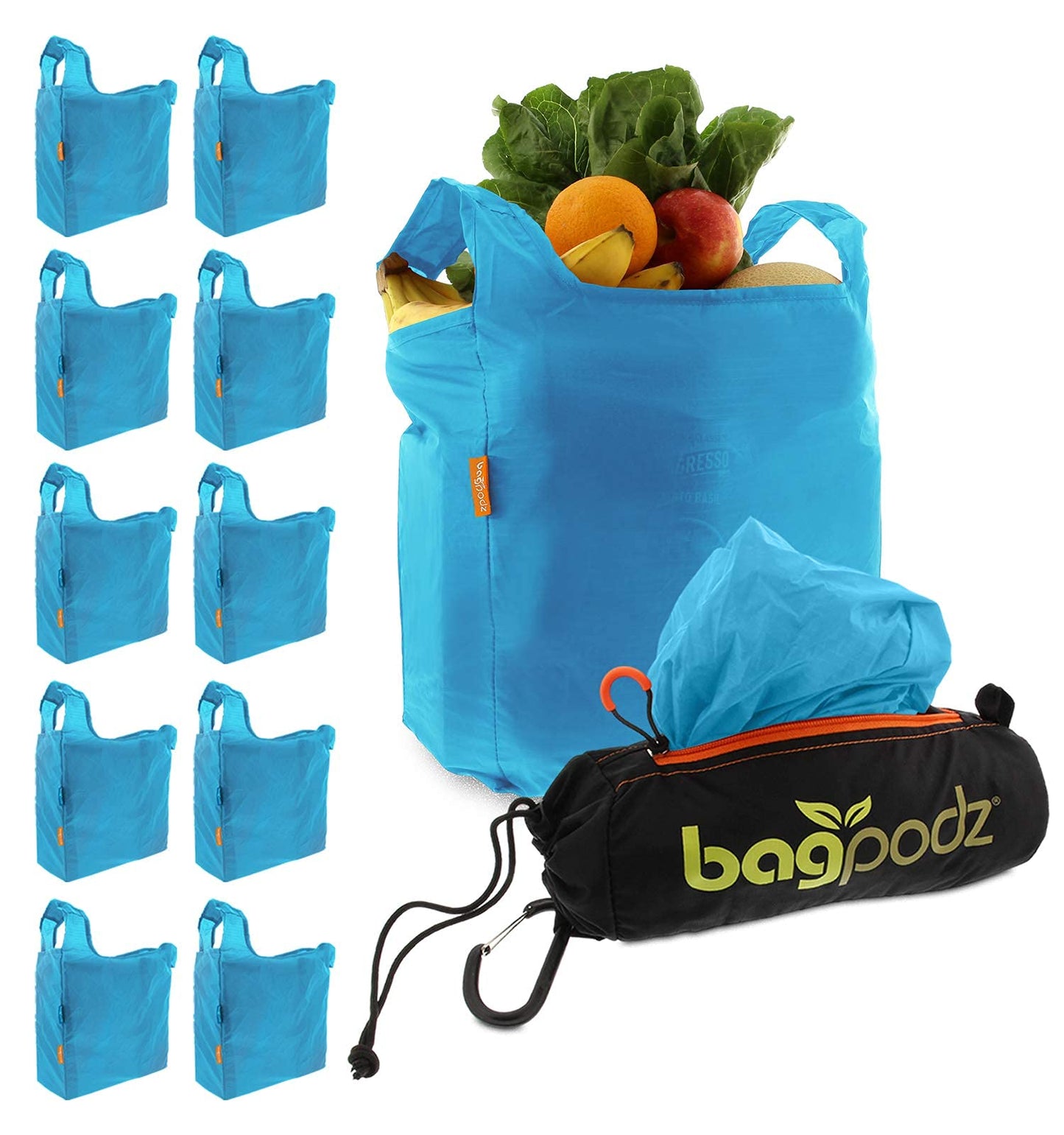 BagPodz Sturdy Reusable Grocery Bags Foldable and Washable - Made From RipStop Nylon Hold 50lbs - Designed in USA Reusable Shopping Bags Inside a Compact Pod with Carry Clip - 10 Pack in Blue