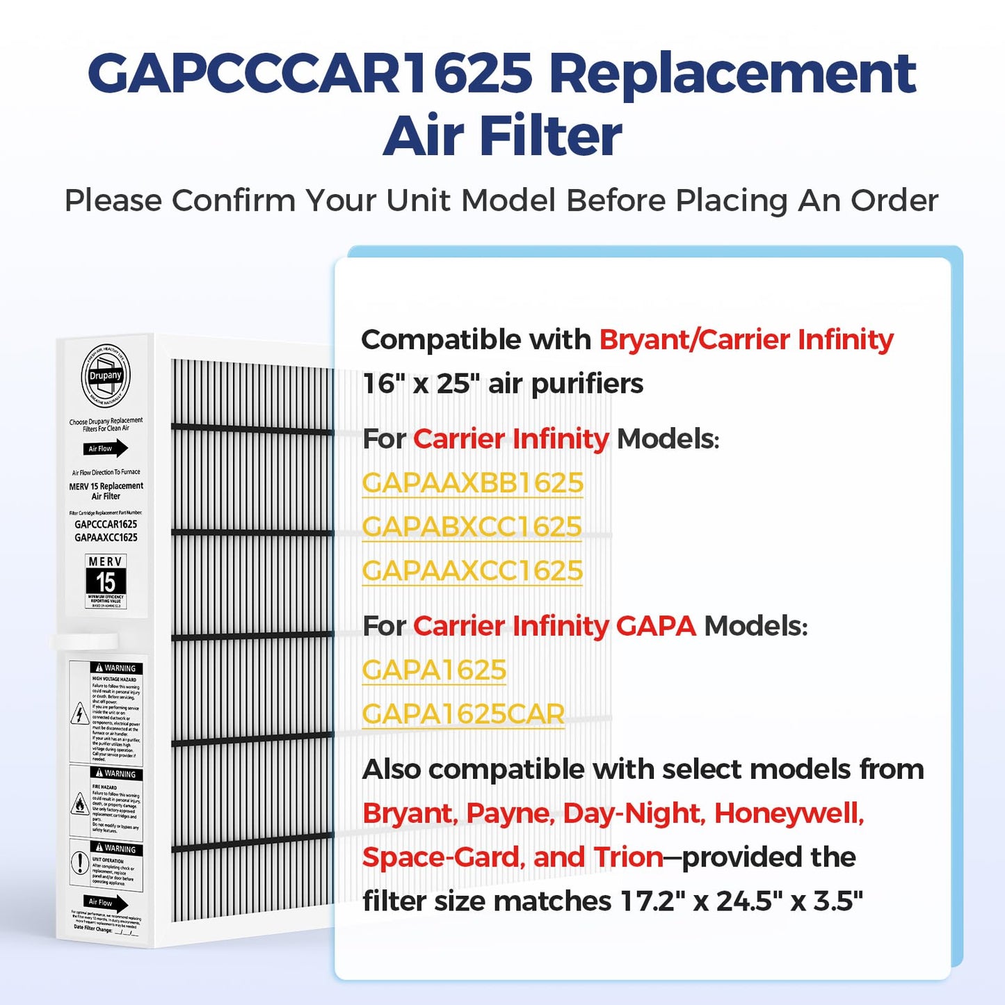 MERV 15 Replacement Filter Compatible with Carrier/Bryant GAPAAXCC1625 Infinity 16" x 25" Air Cleaner, Replaces GAPCCCAR1625, Actual Filter Size 17.2" × 24.5" × 3.5"