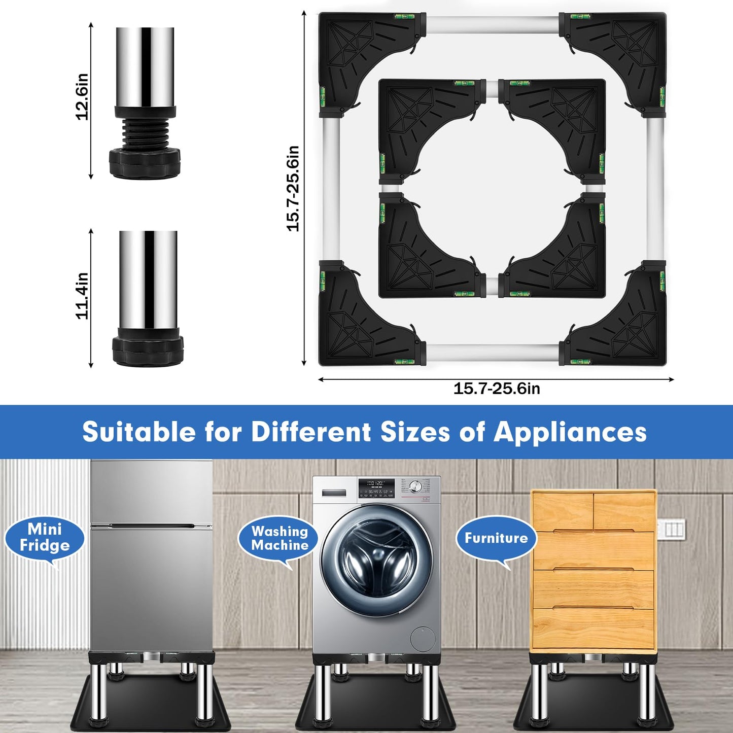 Ailahloe Mini Fridge Stand with 23.6'' Silicone Mat (11.4"-12.6" High), 4 storage Feet Adjustable Base Tray Anti-Vibration for Mini Refrigerator Stand Washing Machine Stand, Max Load 340LBS