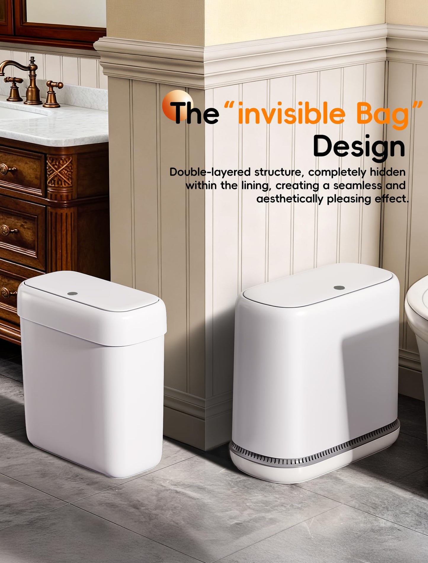 LEGUO Dog Proof Small Bathroom Trash Can with Lid, Slim Press Top Garbage Can, Narrow White Plastic Waste Basket, for Bathroom Bedroom Office 2 Pack Set with 4.8 Gal and 3 Gal
