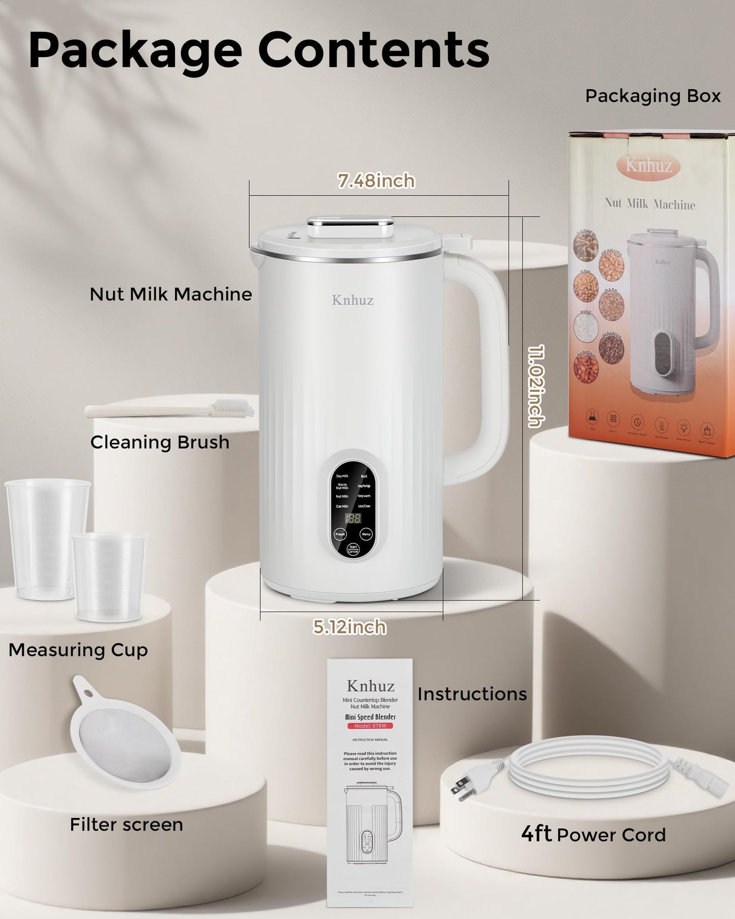 Kuhuz Nut Milk Maker,32oz Automatic Soy Milk Machine For Homemade Almond,Oat,Coconut Plant Based & Non-Dairy Beverages,12H Time Delay,Auto-Clean,Keep Warm,Cream White