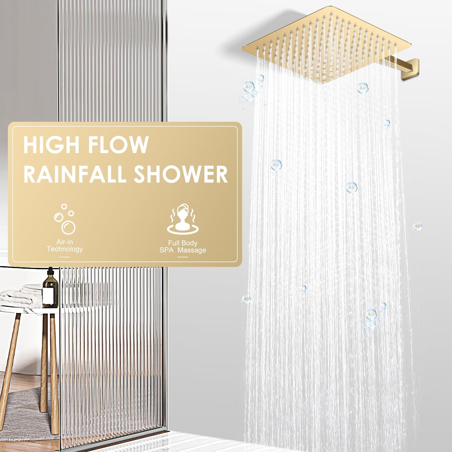 KINLIV 12 inch Brushed Gold Rain Shower Head - All Metal 304 Stainless Steel, Full Body Waterfall Shower with 144 Silicone Nozzles - Square Showerheads Ceiling or Wall Mount Modern Bathroom