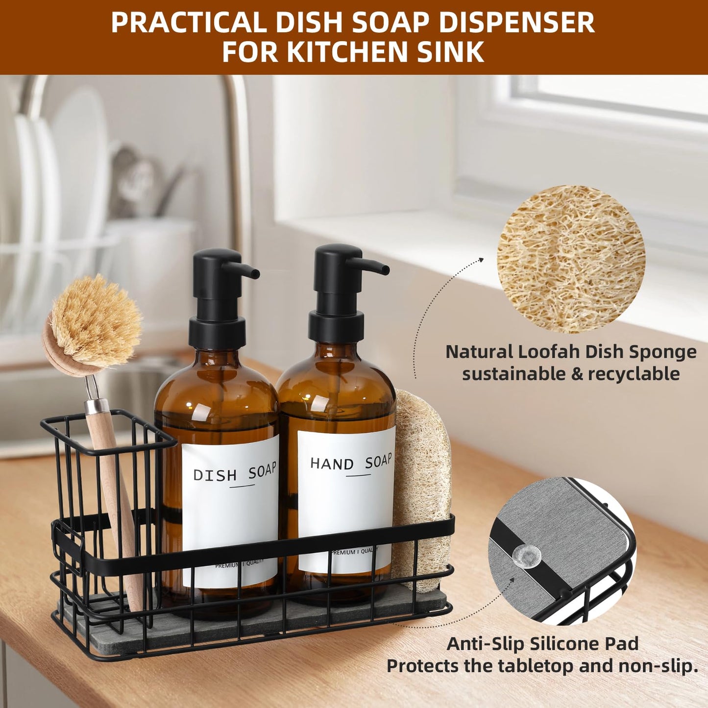 Dish Soap Dispenser for Kitchen, 16.9 fl oz Amber Hand and Dish Soap Dispensers, Kitchen Soap Dispenser Set with Sponge Holder, Brush Holder and Loofah Sponge, Countertop Sink Organizer Accessories