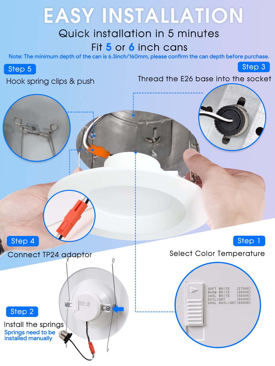 12 Pack 5/6 Inch 5CCT LED Recessed Lighting Retrofit, 2700K/3000K/4000K/5000K/6500K Selectable, Dimmable Can Lights with Baffle Trim, 12W=150W, High Brightness 1000LM, IC& Wet Rated, ETL&FCC Certified