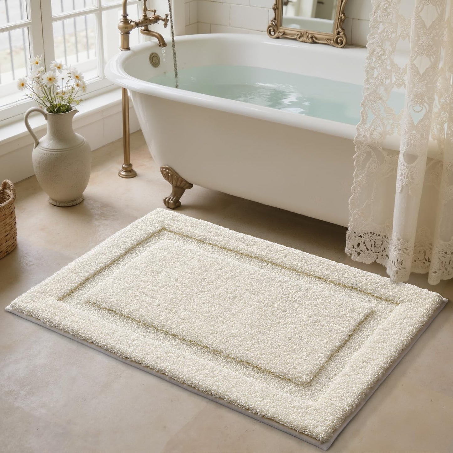 LUMI Ultra Soft Bathroom Rugs Non Slip with Rubber Backing, Absorbent Washable Bath Mat Quick Dry, Upgraded Premium Microfiber Plush Carpet for Bathtub and Shower Floor, Ivory White, 24x36