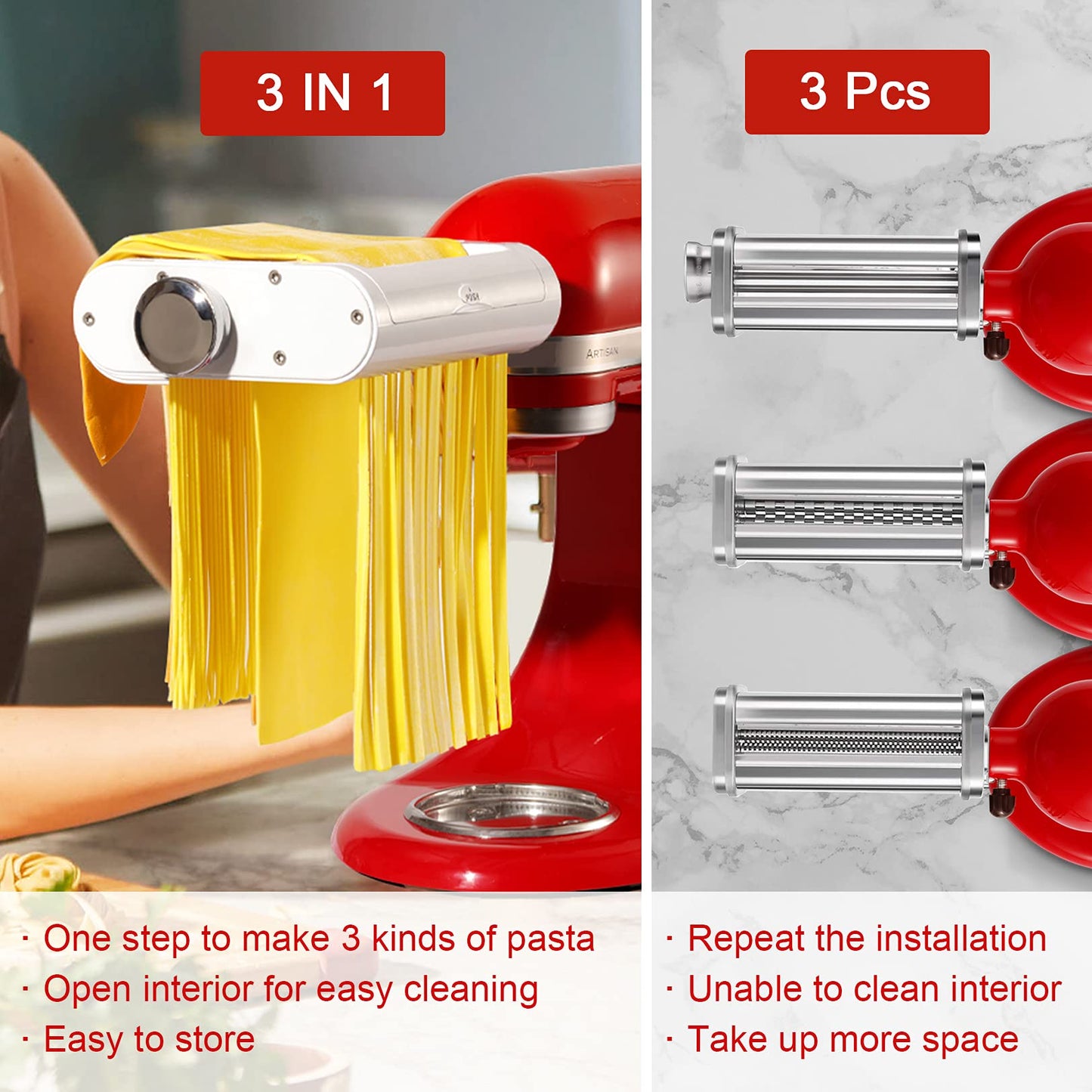 Jovan Home Pasta Maker Attachment 3 in 1 Set for KitchenAid Stand Mixers Included Pasta Sheet Roller, Spaghetti Cutter, Fettuccine Cutter Maker Accessories