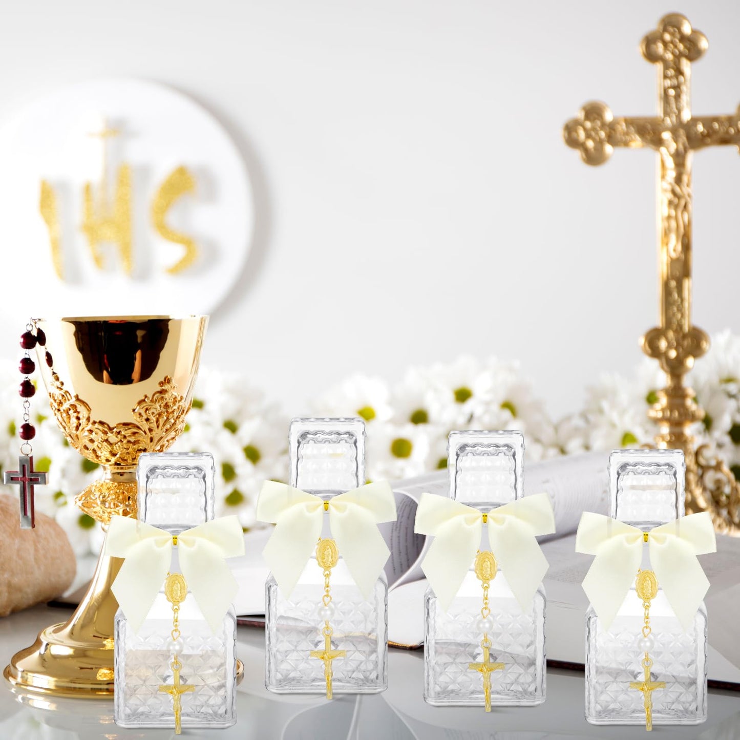 Chuangdi 24 Sets Holy Water Bottles Baptism Favors for Guest Holy Water Container with Cross Rosary Organza Bag Bow 50ml Glass Empty Container for Communion Christian Wedding (Elegant,White)