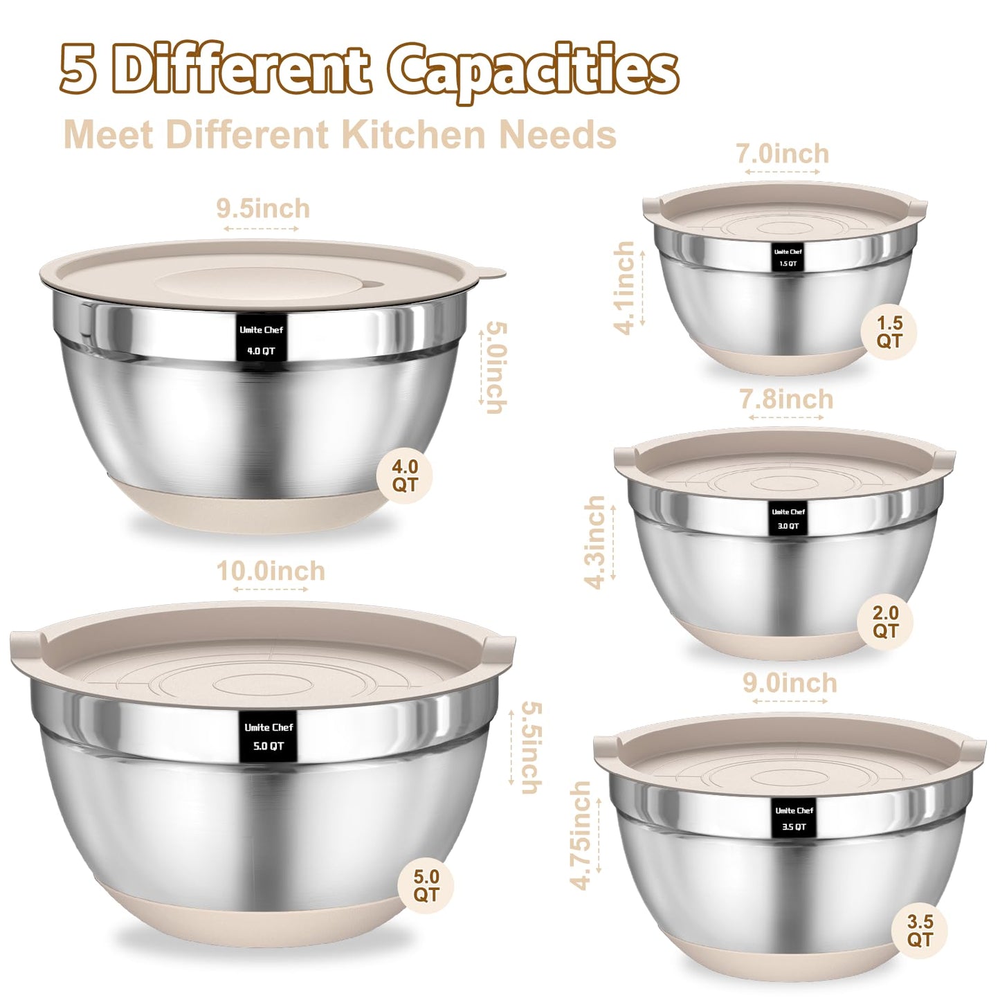 Umite Chef Mixing Bowls with Airtight Lids Set, 8PCS Stainless Steel Nesting Bowls with Grater Attachments, Non-Slip Bottoms, 5, 4, 3.5, 2, 1.5QT for Mixing & Serving