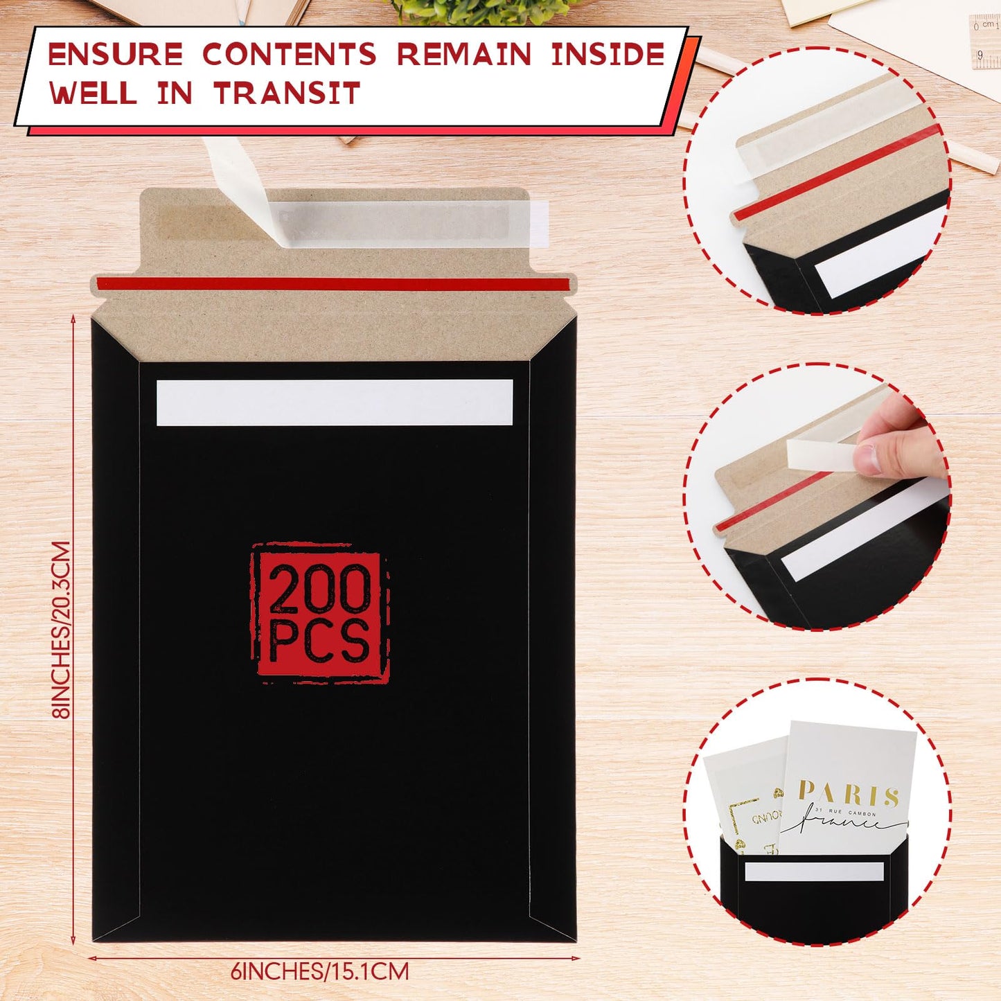 Fainne 200 Pack 6x8 Inch Rigid Cardboard Mailers Self-adhesive Photo Cds& Document Shipping Envelopes, 250gsm, Black