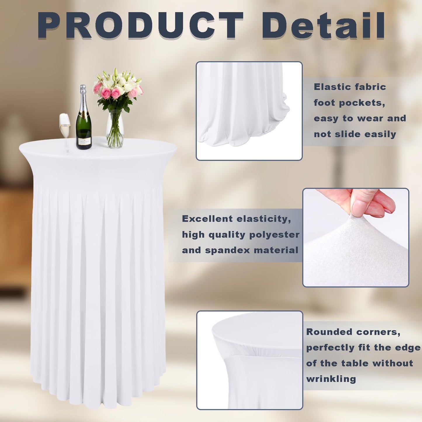Lakluse 6 Pcs White Spandex Stretch Round Cocktail Table Skirt, 32x43 Inch High Top Table Covers, Fitted Table Cloths for Wedding, Bar, Banquet, Party Decor & Event Supplies