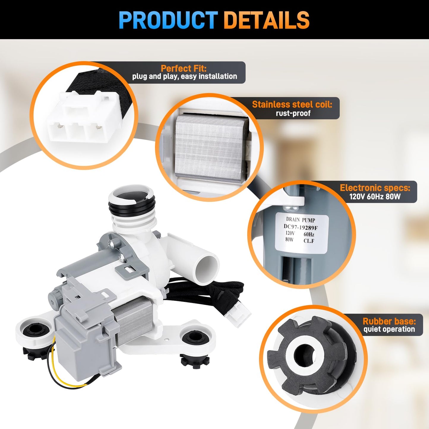 DC97-19289F Washer Drain Pump Assembly Compatible with Samsung Washing Machine Parts Replace#DC97-19289B, DC97-19289A, DC97-17349B, DC97-17366J, DC97-17366A, P6806651, PS12592631, PX3516-01