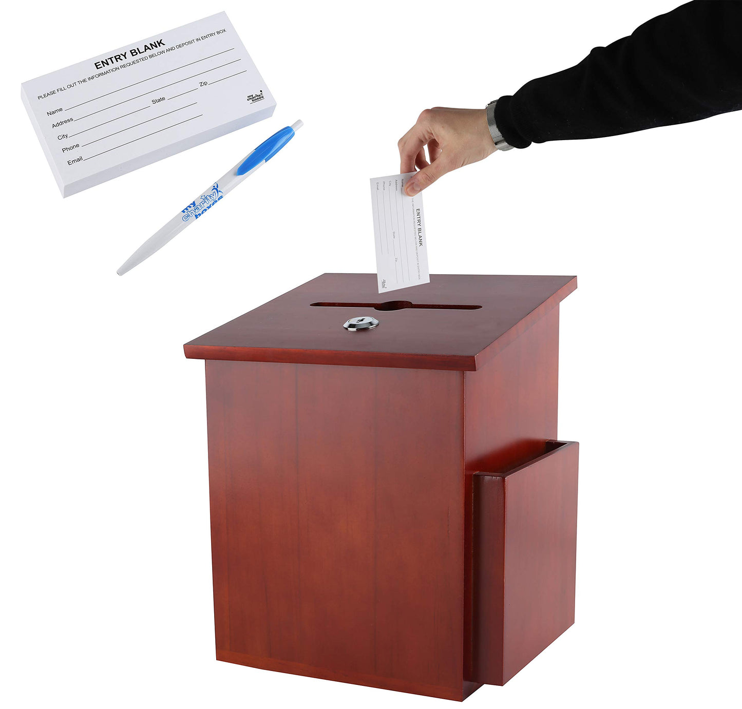 Wood Charity Donation collection Box Office suggestion Ballot Box With wide slot for envelopes and suggestion comment forms, side Pocket and Locking Hinged Lid & Pen for Table Or Counter-top(Mahogany)