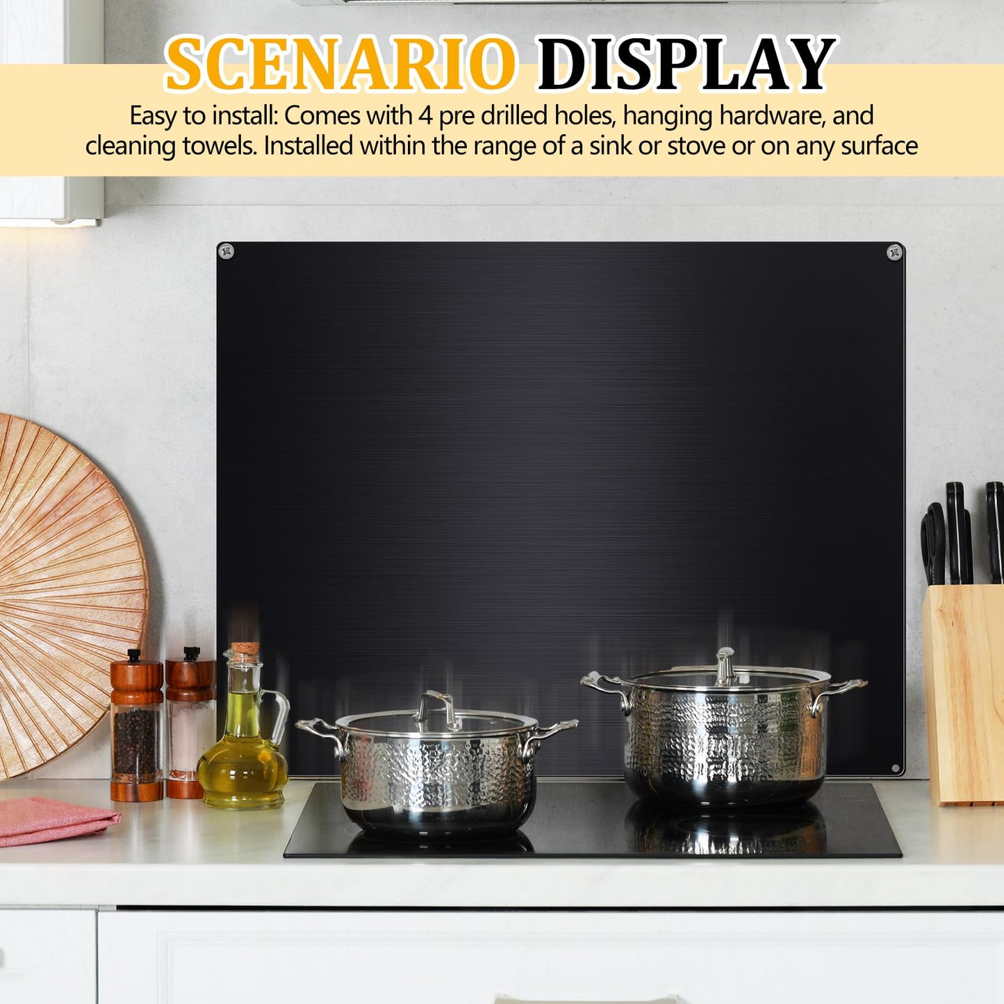 Yaocom Stainless Steel Backsplash Range Hood Stove Backsplash Back Stainless Steel Sheet for Kitchen Wall Splatter Metal Wall Panels with Screws and Hanging Towel(Black,24×30 Inch)