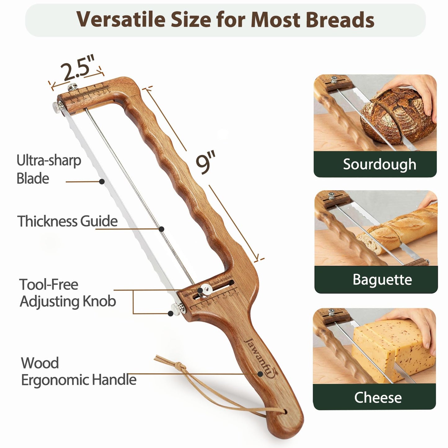 Adjustable Bread Slicer for Sourdough — Precision Homemade Bread Knife with Thickness Guide, Sharp Stainless Serrated Blade, Wooden Frame, Bread Cutter for Baguettes, Gift for Bakers, Mother's Day