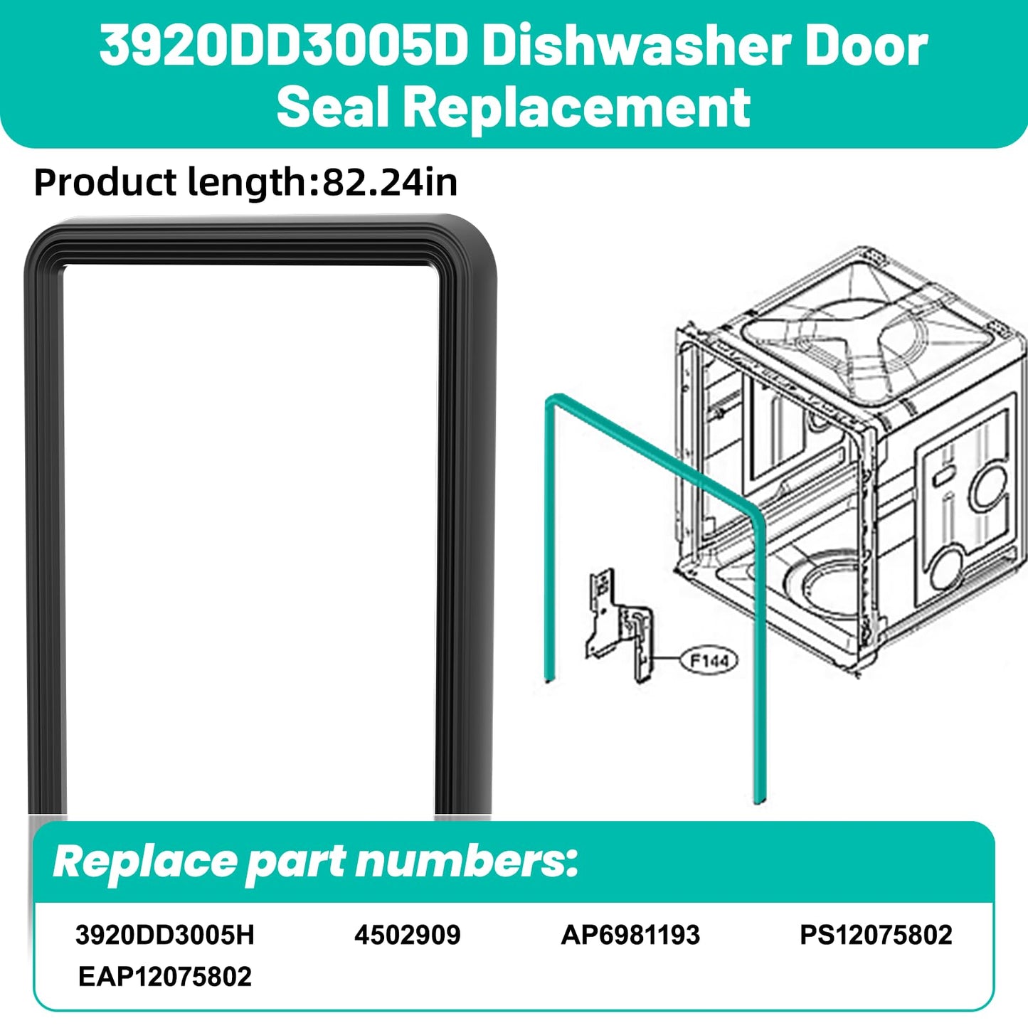 Upgraded 3920DD3005D Dishwasher Door Gasket Seal Replacement Compatible with LG Dishwasher Gasket Part Replaces 3920DD3005H, 4502909, AP6981193,for models LDF5545BD, LDP6797BD, LDT5678SS-Black
