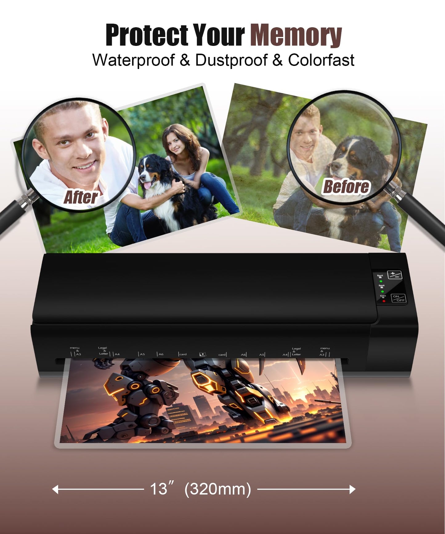 13 Inch Laminator Machine, A-3 9-in-1 Thermal Laminator with Sheets for Hot & Cold Laminating Machine, Features Fast 60-Sec Warm Technology and Never-Jam Design for Home,Office,or School Use (Black)