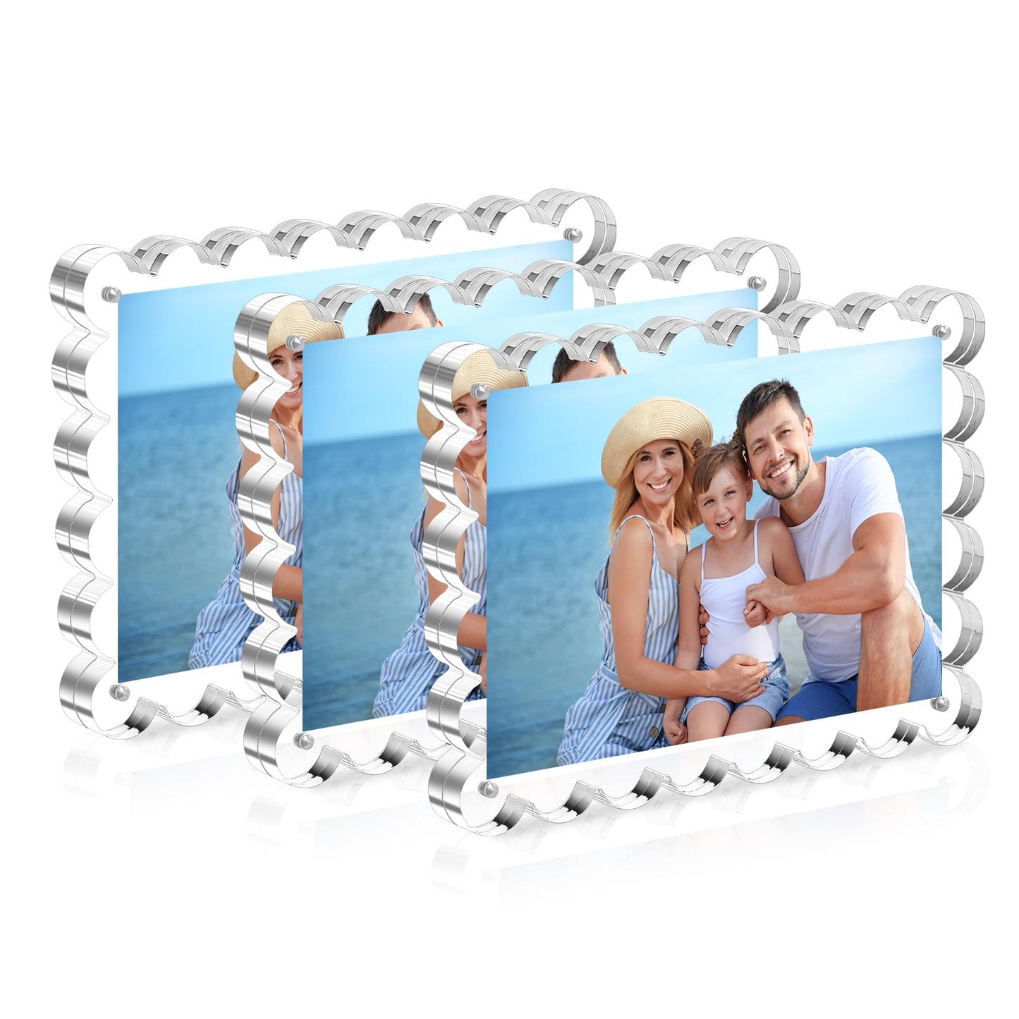 HOUSE DAY Acrylic Picture Frames 5x7 Acrylic Frame, 3 Pack Scalloped Magnetic 5x7 Picture Frame, Double Sided Clear 5 x 7 Photo Frame, Frameless FreeStanding 5 x 7 Picture Frames Gift for Desktop Display
