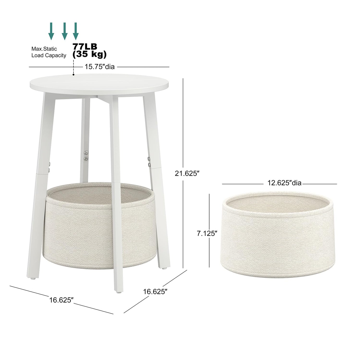 sthmec Small Round Side End Table with Cloth Storage Basket, Round Bedside Sofa Couch Coffee Tables for Small Places with Metal Frame, Modern Nighstands for Living Room Bedroom,White