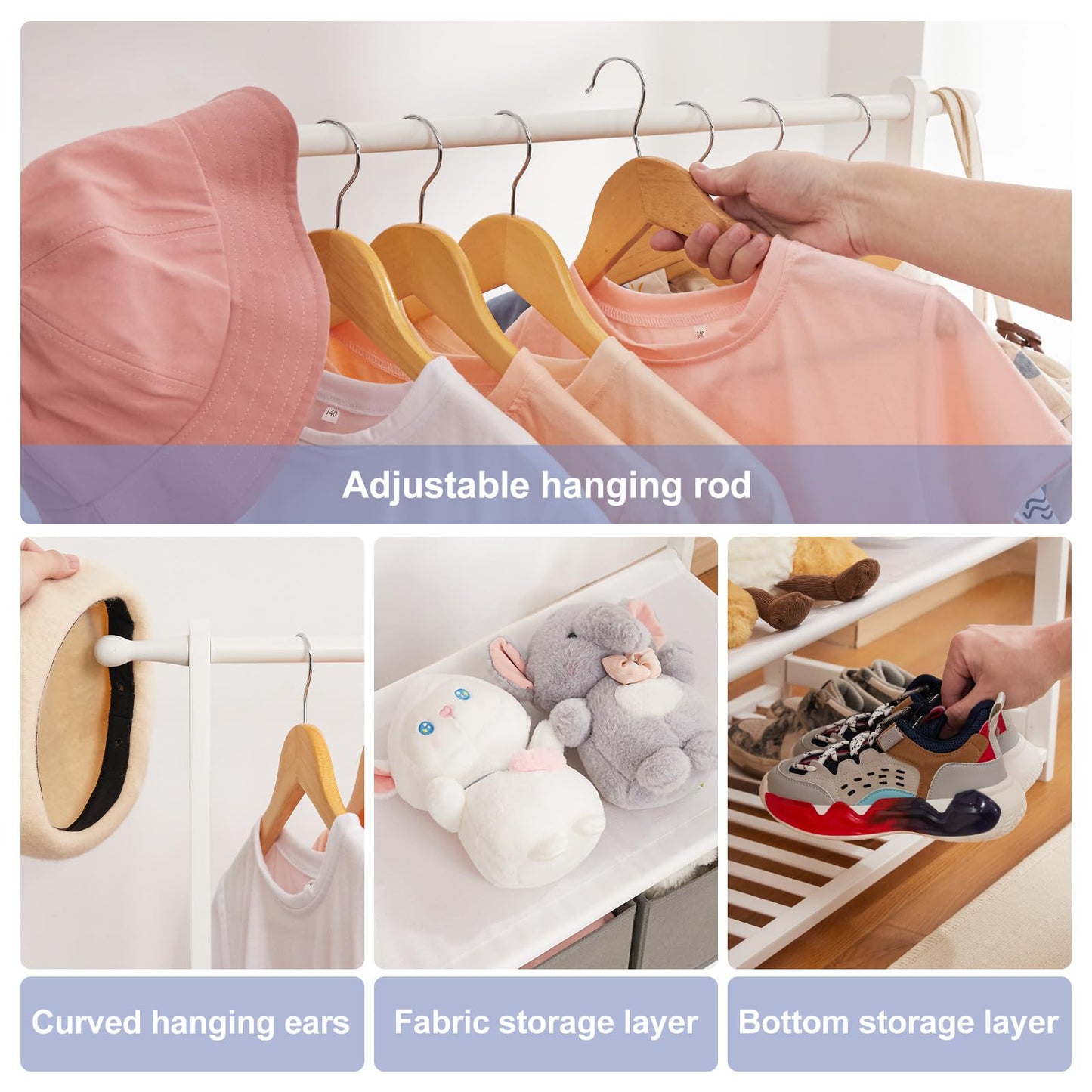 Vilaxing Kids Clothing Rack Bamboo with 2 Storage Baskets and 2 Adjustable Hanging Rods,Child Garment Holder with Shelf, Dress up Stand for Playroom,Toddlers Bedroom (White)