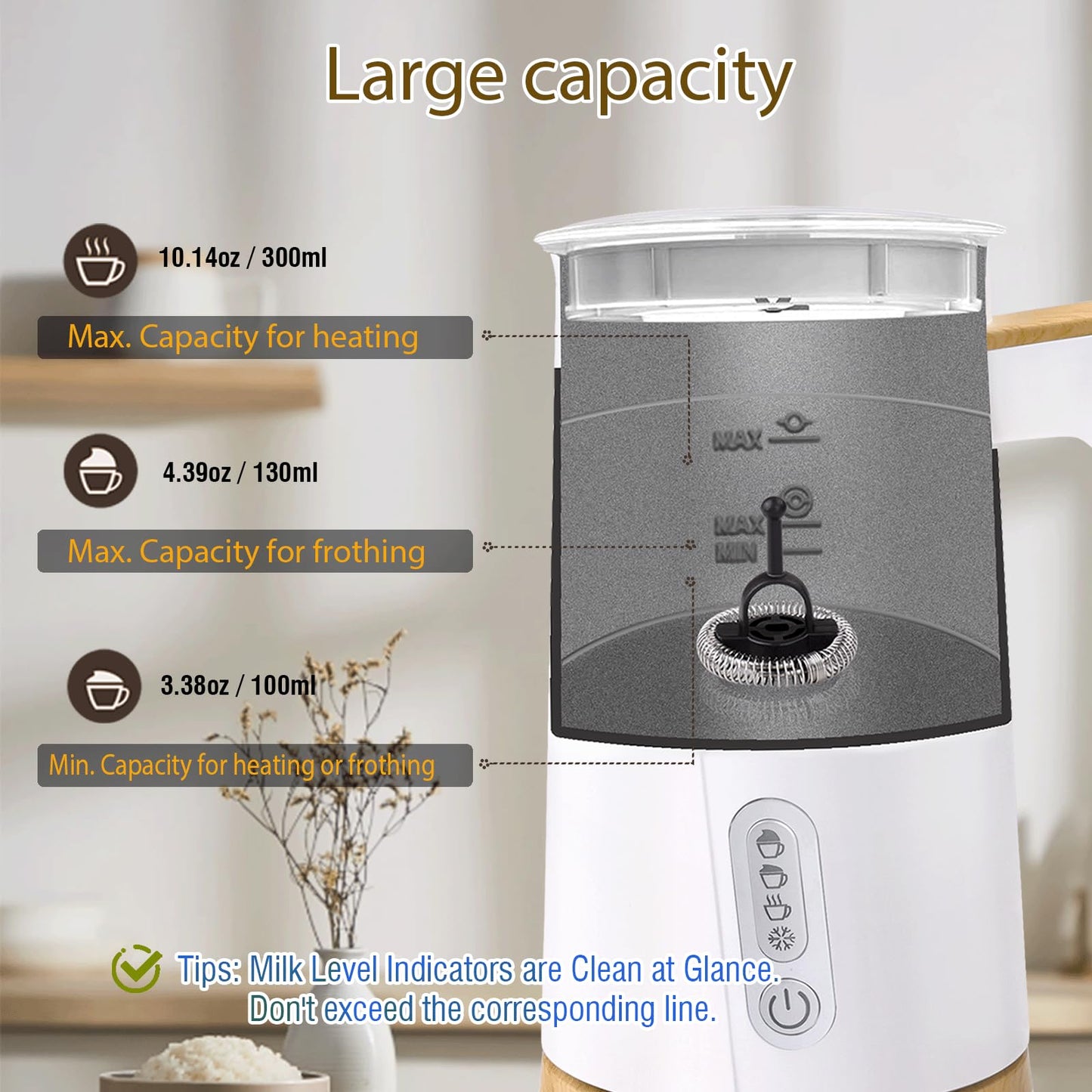 Electric Milk Frother and Steamer, 4-in-1 Milk Steamer with Wood Elements Design, Automatic Hot & Cold Foam Maker for Latte, Cappuccinos, Macchiato, Milk Warmer, Black (white)