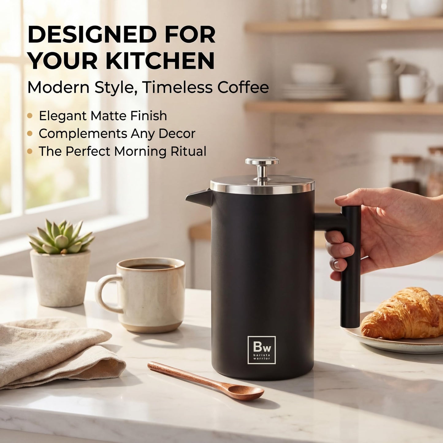 Barista Warrior French Press Coffee Maker - Double-Wall Stainless Steel Insulated French Press with Built-In Thermometer, Dual Filters Coffee Maker with Wooden Spoon - Black
