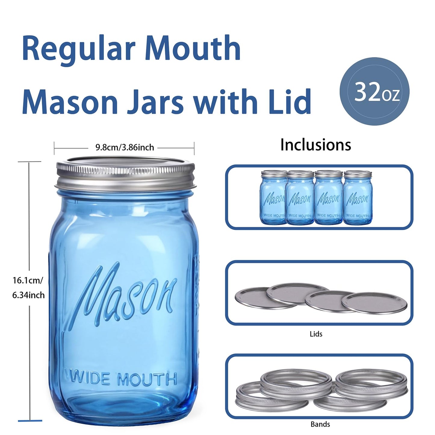 Rubtlamp Blue Mason jar 32 oz, 12 Pack Glass Jars - Wide Mouth Mason Jars with Airtight Lids for Pickling, Fermenting, Food Storage&DIY Crafts, Microwave & Dishwasher Safe