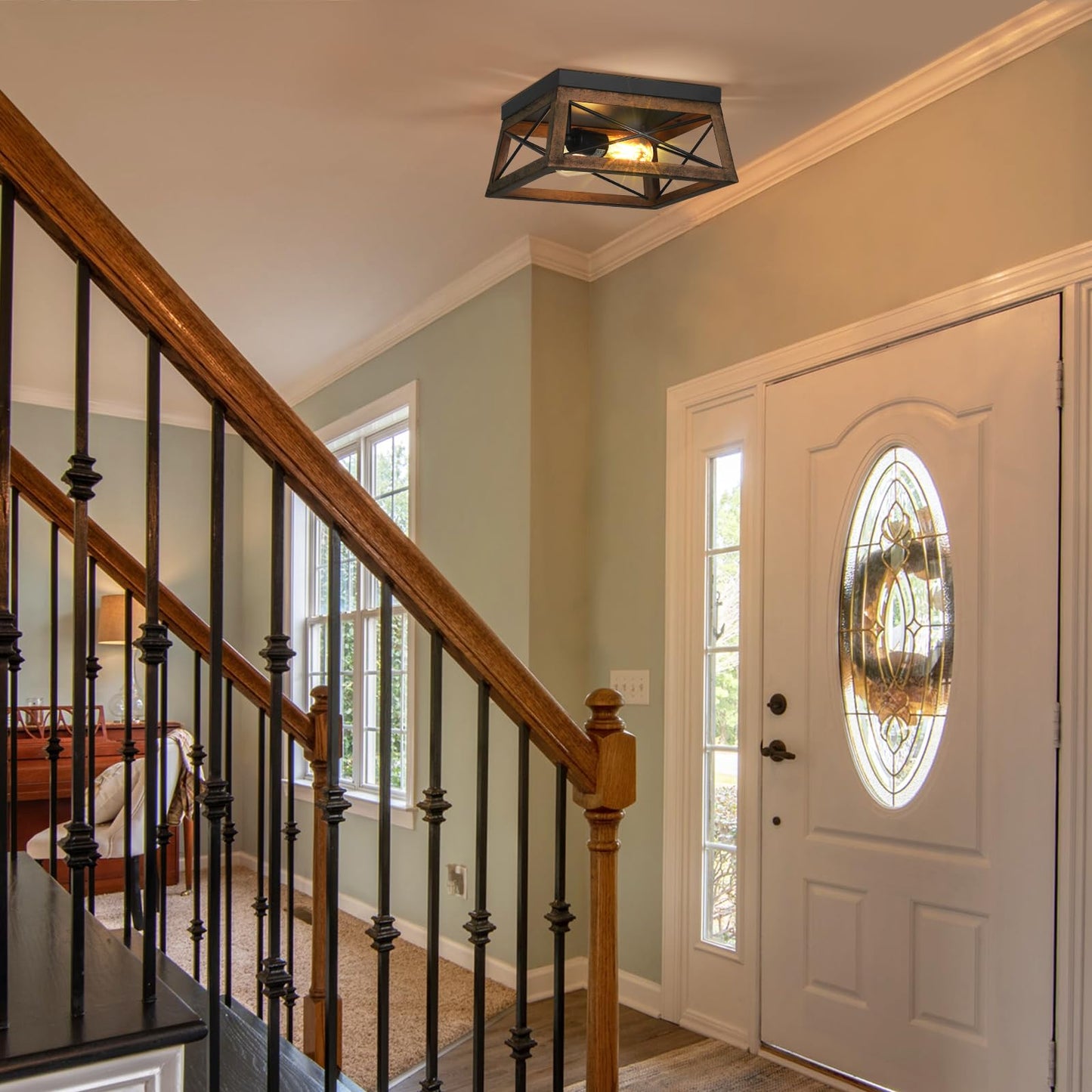 DEWENWILS Farmhouse Flush Mount Ceiling Light with Wood Grain Finish, 2-Light Metal Light Fixture for Kitchen Hallway Entryway Porch