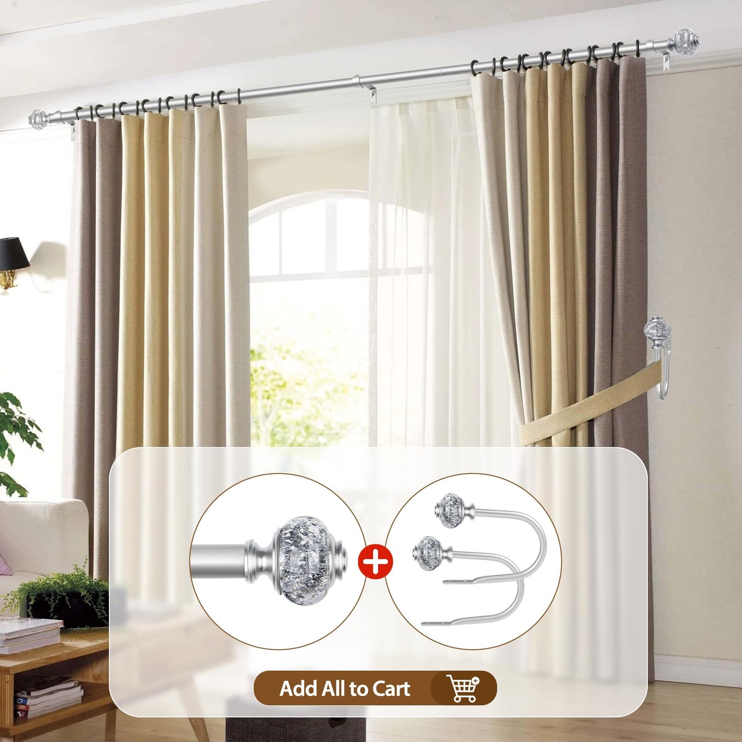 2 Pack Curtain Rod 32 to 58 Inches (2.6-4.8ft), USFOOK 7/8 Inch Telescoping Splicing Curtain rods for Windows 20 to 54 Inch, Silver Decorative Drapery Rods for Home with Translucent Finials