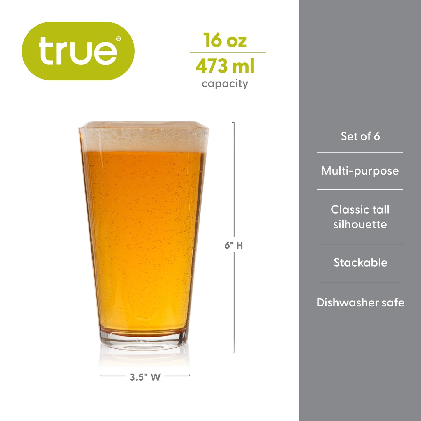 True Stackable Beer Glasses, Pint Glasses for Beers, Water, Iced Coffee, Cocktails, Game Night, Beer Gifts for Men, BBQ Outdoor Party, Home Bar Accessories, Kitchen Glassware, 16 oz, Set of 6