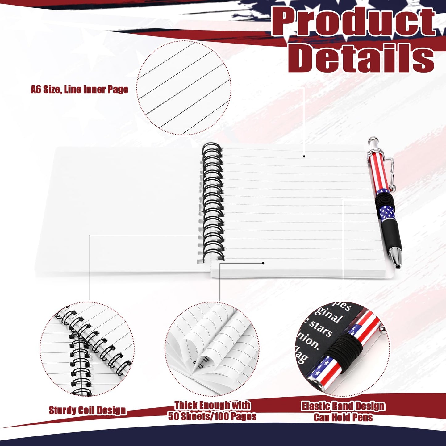 Resurhang 40 Pcs 20 Sets 250th Anniversary Bulk Gifts American Flag Patriotic Notebooks Red White Blue Spiral Journals Military Pens 4th of July Independence Day Gift for Veterans USA Souvenir