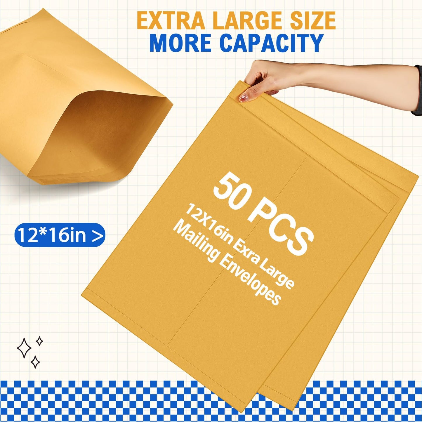 Motipuns 50 Pcs 12'' x 16'' Extra Large Mailing Envelopes 32lb with Gummed Flaps, Catalog Jumbo Craft Envelopes for Mailing, Storage and Organizing Documents Office Supplies(Yellow)