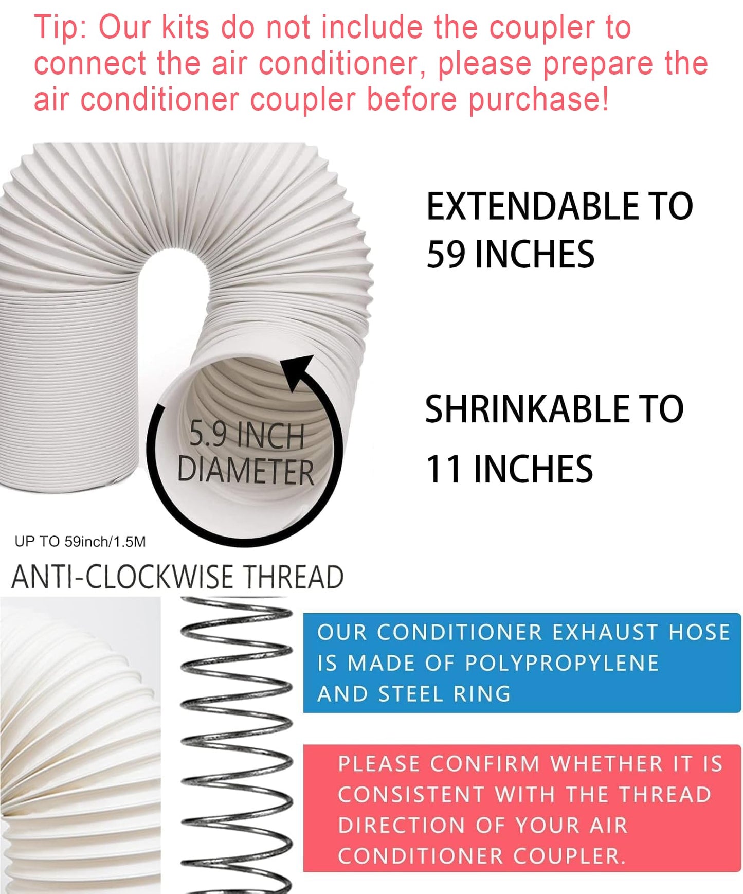 Portable AC Window Vent Kit, Adjustable Vertical/Horizontal Sliding Window Kit Plate for AC Unit, Seamless Portable AC Window Seal With 5.9 Inch Diameter, 59 Inch Length Exhaust Hose