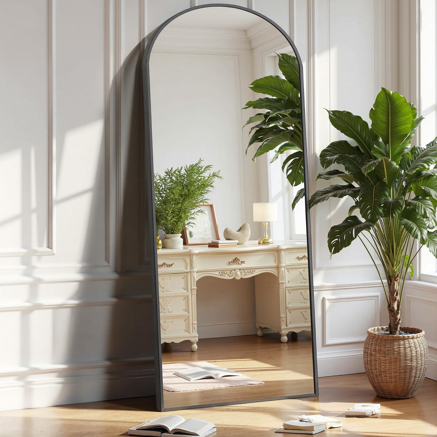 OLIXIS Black Arched Full Length Mirror 60"x16" for Bedroom, Full Body Mirror with Stand, Hanging or Leaning for Wall, Aluminum Alloy Thin Frame Floor Standing for Living Room