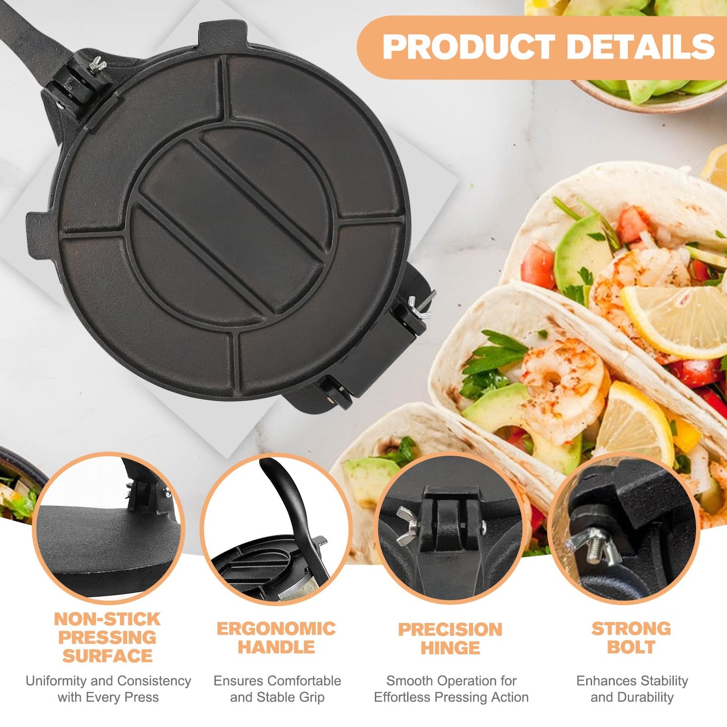 Cast Iron Tortilla Press 10 inch, Heavy Duty Tortilla Pataconera, Flour Tortilla Press with Foldable Handle, Taco press with Some Parchment Paper, Roti Maker, Black