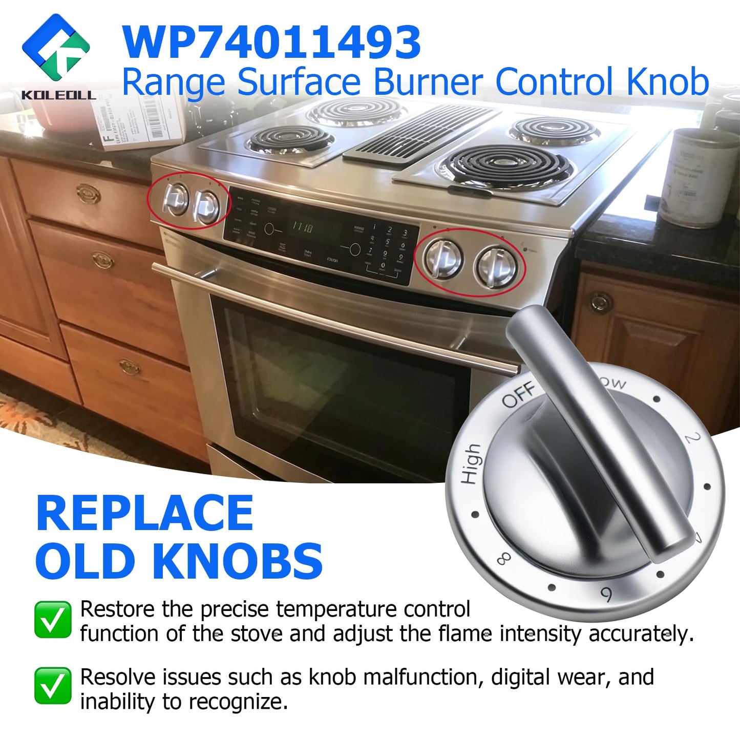 KOLEOLL 2pc WP74011493 Range Surface Burner Control Knob Compatible with Jenn Air Electric Slide-in Range Replaces 1189038 AP6011254 PS11744450 EAP11744450