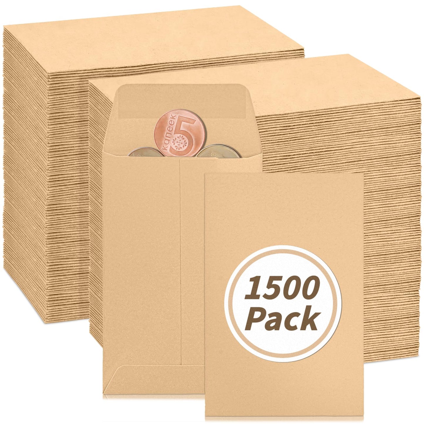 1500 Pack Small Coin Envelopes 2.25x 3.5in Brown Kraft Small Cash Envelopes Mini Key Envelopes with Gummed Flap for Home and Office Use