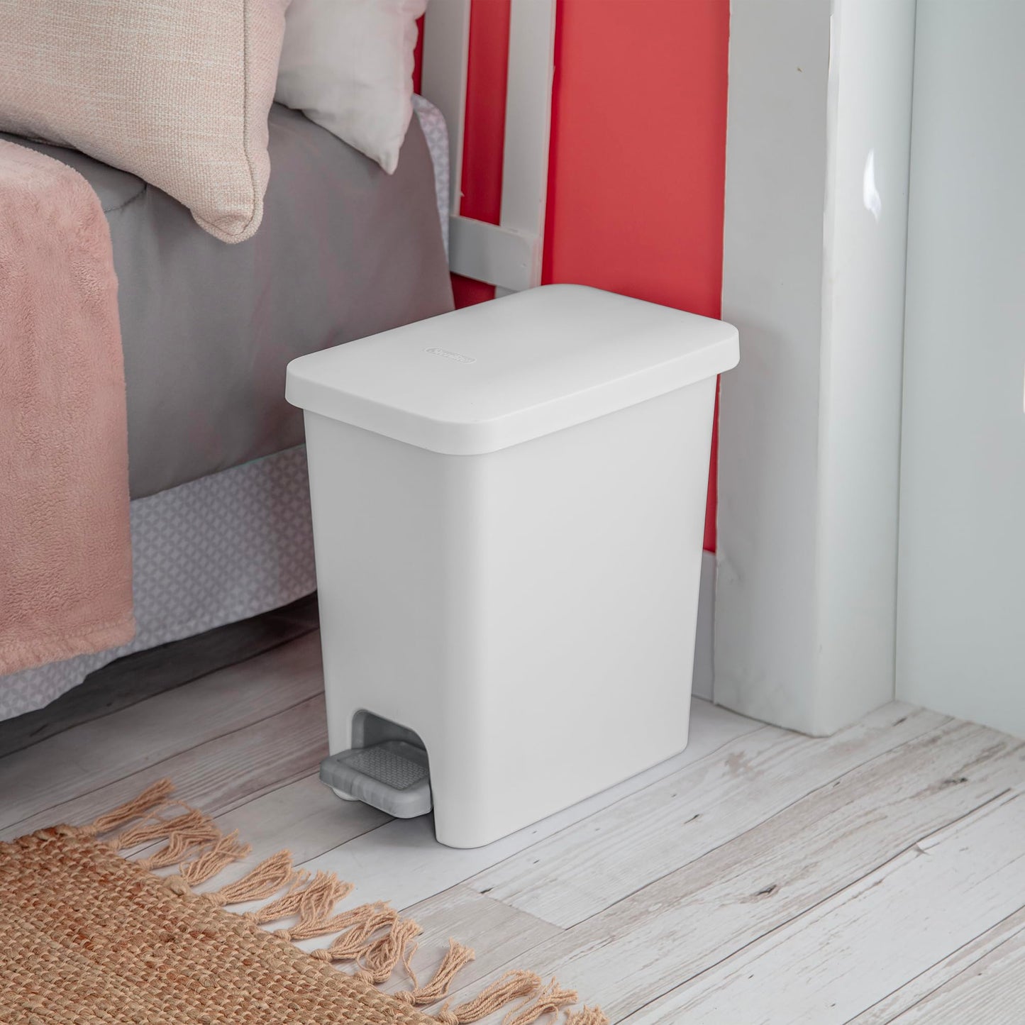 Sterilite 2.7 Gallon Rectangular StepOn Wastebasket, Small, White lid and base with Titanium pedal and Liner