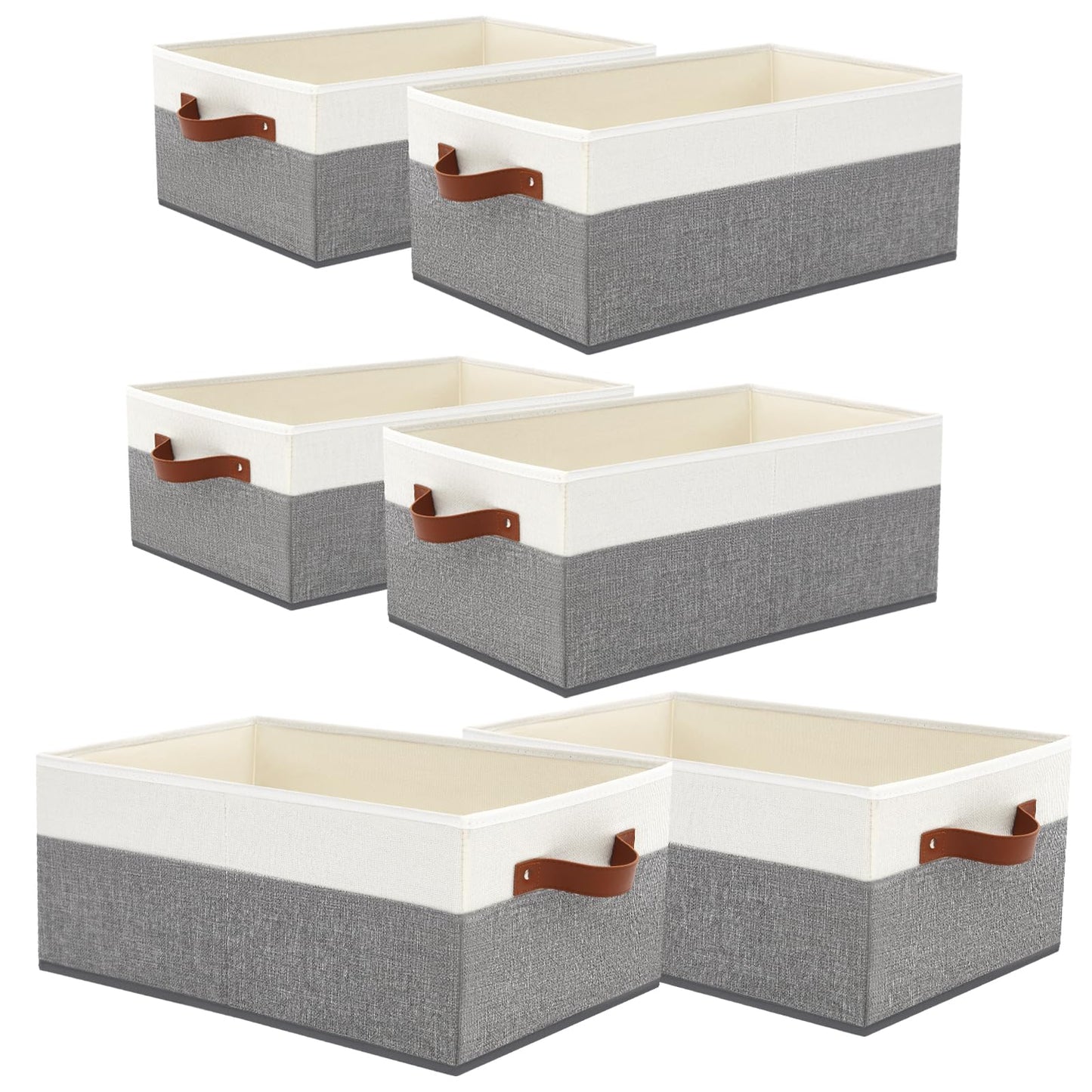 6 Pack Closet Storage Bins, Storage Baskets for Shelves, Linen Closet Organizers and Storage with Leather Handles for Clothes,Towels, Sheets, Jeans, Toys, Books (Grey and White)