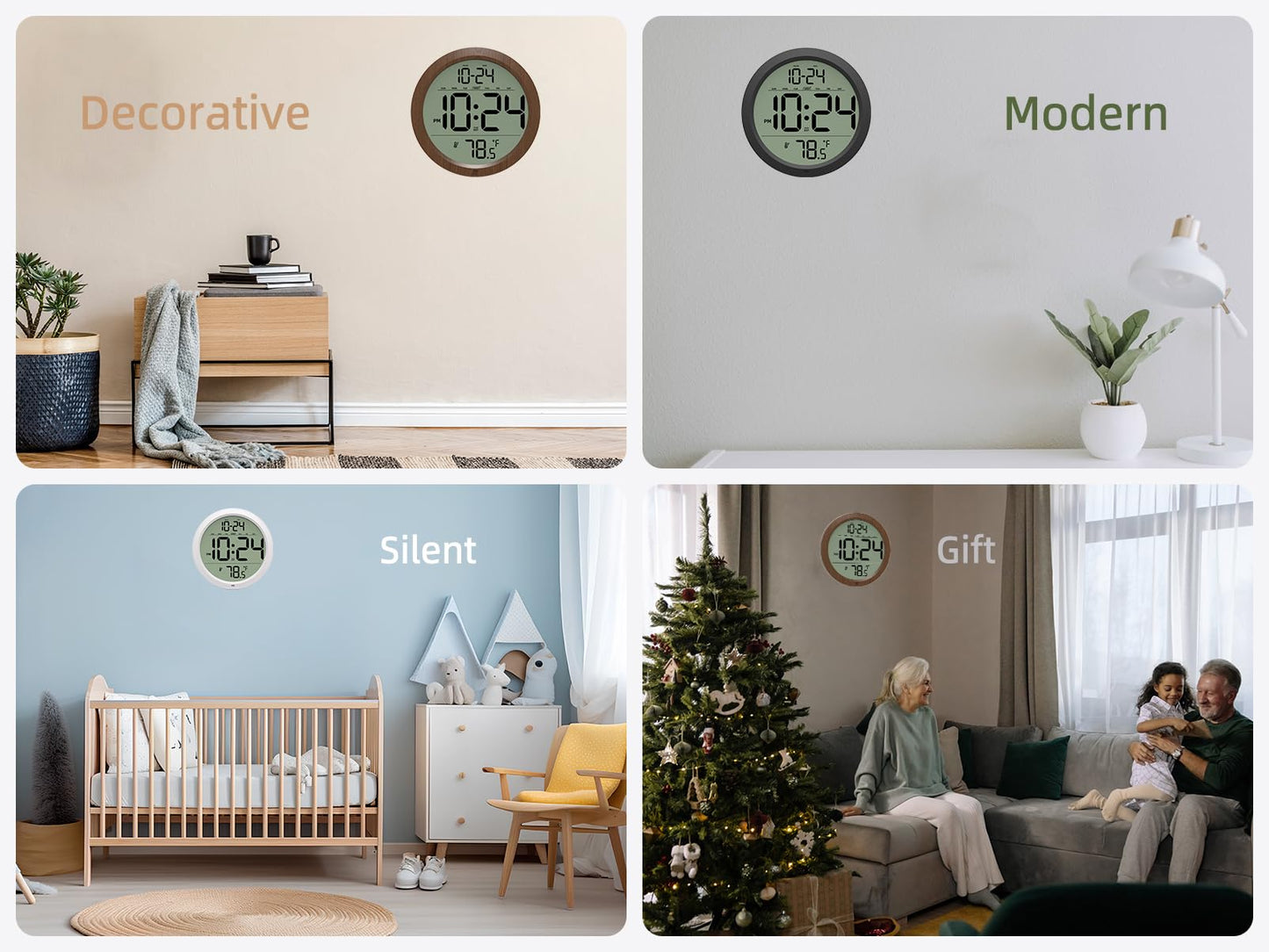 Digital Wall Clock Battery-Operated, 8 Inch Small Decorative Modern Wall Clock with Date, Temperature, Auto-DST, Silent Electric Wall Clock for Bedroom, Living Room, Kitchen, Office, Farmhouse - White