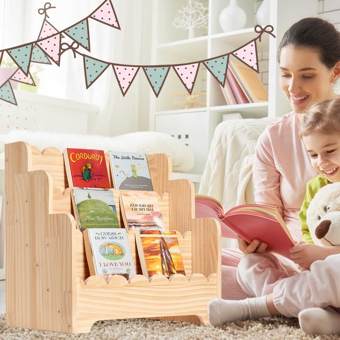 Kids Bookshelf Storage 3-Tier, Book Case for Kids Rooms, Scalloped Wooden Montessori Bookcase for Toddlers & Baby, Small Nursery & Classroom Book Shelves, Solid Wood Organizer
