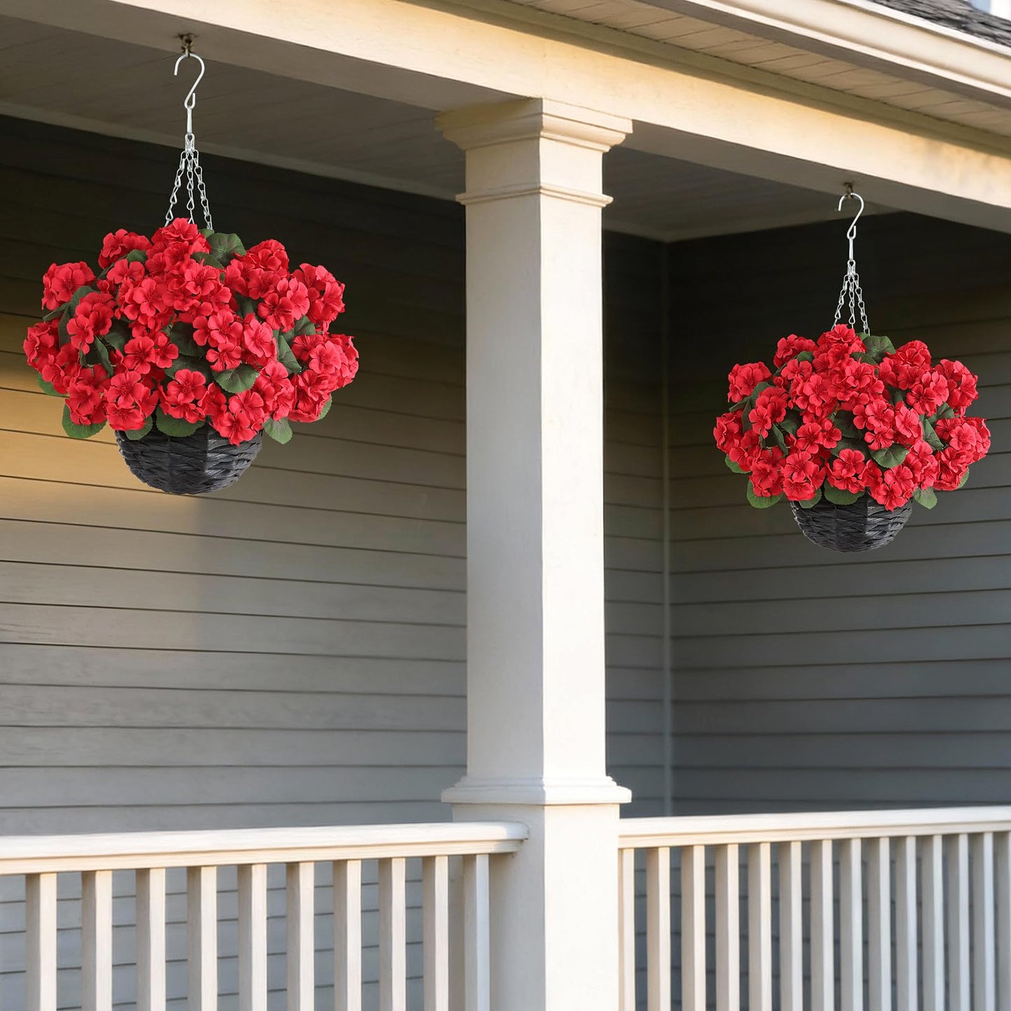 GLIDLION 2 Set Artificial Geraniums Flowers with Hanging Baskets for Outdoors - Sun Resistant Silk with Geranium Flowers, Fake Hanging Planters for Front Porch Garden Patio Home Decor (Red)