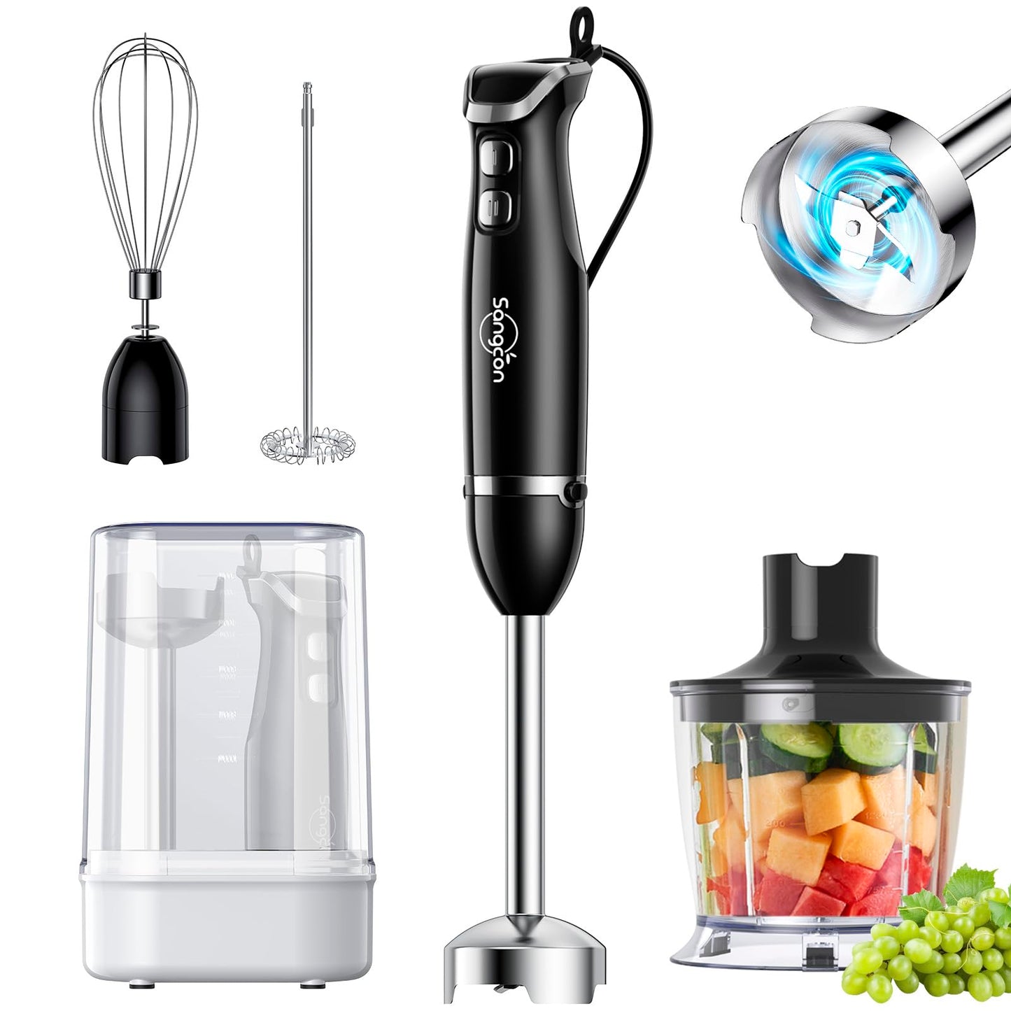 Sangcon 6-in-1 Immersion Blender Handheld, Hand Blender with Chopper & 34oz Blending Cup Storage Base, 2-Speed Adjustable Stick Blender,Stainless Steel Blades, Detachable Blender, Whisk, Milk Frother
