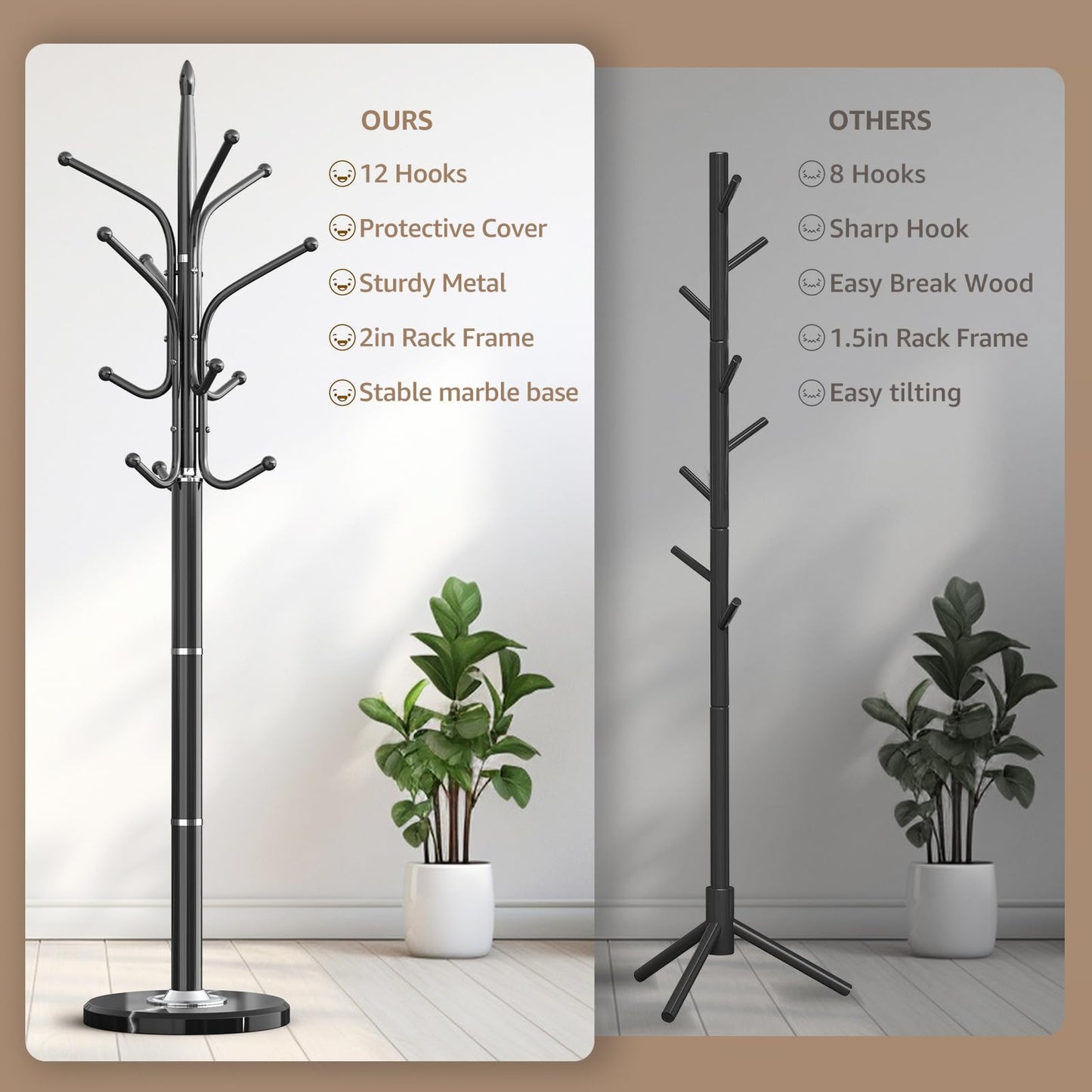 HzTinT Heavy Duty Coat Rack with Marble Base, Freestanding Hall Coat Tree with 12 Hooks and 3 Adjustable Sizes, Metal Coat Rack Stand for Entryway, Bedroom, Office Hanging Purses, Coats, Scarves, Hats