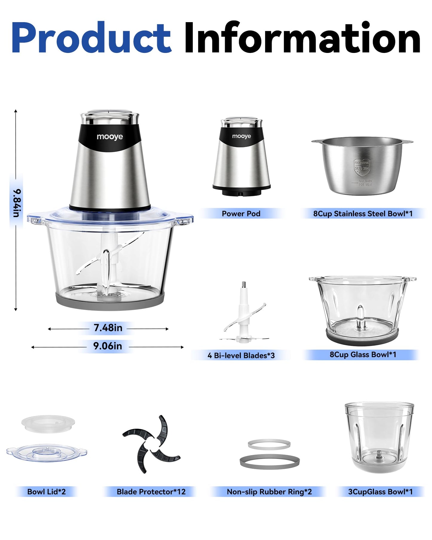 Mooye Food Processors Electric Food Chopper with Meat Grinder & Vegetable Chopper - 3 Bowls(8Cup+8Cup+3Cup) with Powerful Copper Motor - Includes 3 Sets of Bi-Level Blades for Fruits/Meat/Nuts